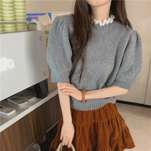 레이스 반팔니트 아방핏 퍼프소매 기본핏 루즈핏 스웨터 벌룬 소녀풍 반폴라
